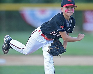BOARDMAN, OHIO - JULY 15, 2016: Starting pitcher Jake Delisio(00) of Canfield pitches in the first inning of Friday evenings District 2 9/10 year old Little League Championship game at the Field of Dreams. Boardman would go on to win 18-5. DAVID DERMER | THE VINDICATOR