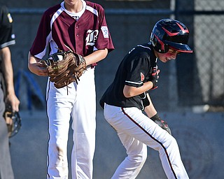 BOARDMAN, OHIO - JULY 15, 2016: Paulie Bindas(2) of Canfield thumps his chest after scoring a run on a wild pitch from Jack Ericsson(52) of Boardman in the second inning of Friday evenings District 2 9/10 year old Little League Championship game at the Field of Dreams. Boardman would go on to win 18-5. DAVID DERMER | THE VINDICATOR