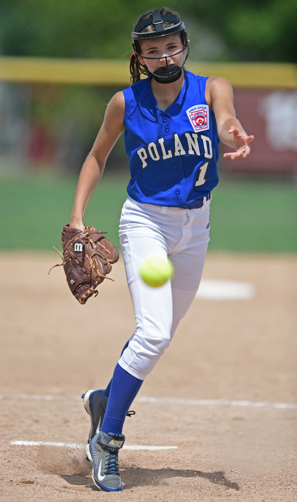BOARDMAN, OHIO - JULY 18, 2016: Starting pitcher Brooke Bobbey #1 of Poland delivers in the third inning of Monday afternoons Little League Championship game at Field of Dreams. Poland won 12-2. DAVID DERMER | THE VINDICATOR