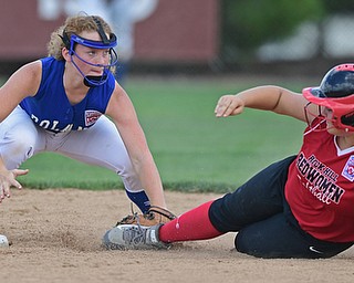BOARDMAN, OHIO - JULY 18, 2016: Short stop Lauren Sienkiewicz #17 of Poland tags out base runner Kenzie Hanshaw #24 of Rock Hill as she attempted to steal second base in the third inning of Monday afternoons Little League Championship game at Field of Dreams. Poland won 12-2. DAVID DERMER | THE VINDICATOR
