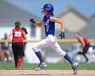 BOARDMAN, OHIO - JULY 18, 2016: Jackie Grisdale #3 of Poland sprints to second base while on her way to third for a RBI triple in the fourth inning of Monday afternoons Little League Championship game at Field of Dreams. Poland won 12-2. DAVID DERMER | THE VINDICATOR