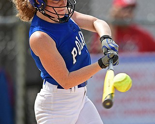 BOARDMAN, OHIO - JULY 18, 2016: Lauren Sienkiewicz #17 of Poland makes contact with the ball before flying out during her at bat in the fifth inning of Monday afternoons Little League Championship game at Field of Dreams. Poland won 12-2. DAVID DERMER | THE VINDICATOR