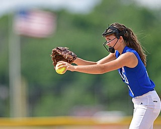 BOARDMAN, OHIO - JULY 18, 2016: Starting pitcher Brooke Bobbey #1 of Poland delivers in the sixth inning of Monday afternoons Little League Championship game at Field of Dreams. Poland won 12-2. DAVID DERMER | THE VINDICATOR
