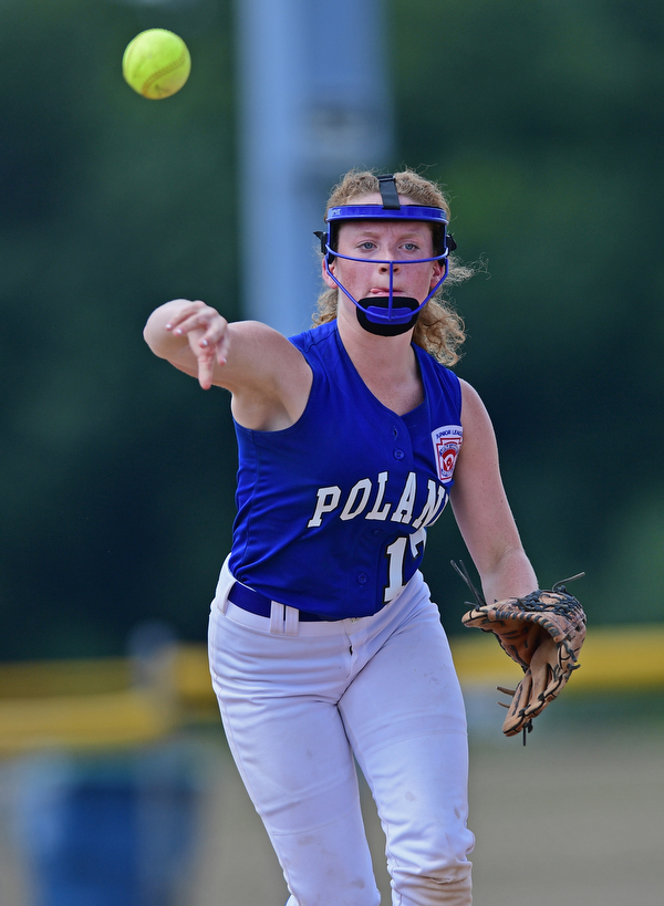 BOARDMAN, OHIO - JULY 18, 2016: Short stop Lauren Sienkiewicz #17 of Poland throws to first for the out in the sixth inning of Monday afternoons Little League Championship game at Field of Dreams. Poland won 12-2. DAVID DERMER | THE VINDICATOR
