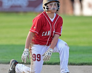 BOARDMAN, OHIO - JULY 19, 2016: Gianni Gaetano #99 of Canfield shows his frustration after being tagged out at second base attempting to advance after a bad West Hamilton throw to first base in the sixth inning of their game Tuesday night at the Fields of Dreams. Hamilton West won 2-0. DAVID DERMER | THE VINDICATOR