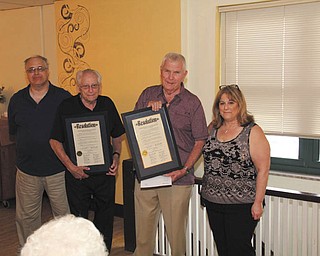 SPECIAL TO THE VINDICATOR
Struthers Rotary recently hosted its annual President’s Dinner at Selah’s Restaurant in Struthers and presented several attendees with awards. Micky Morell was presented with an honorary membership for his service. Above are Tom Baringer, left, master of ceremonies and rotary chairman; Carol Crytzer, Rotary Community Corps and Struthers City Council member who presented resolutions on behalf of the City of Struthers to Jim Jickess and Dan Becker, each serving the rotary for more than 50 years. Below are Drew Hirt, outgoing president, who was awarded a Paul Harris Fellowship for his service. Hirt accepted the award with his wife, Carol, from Baringer. The club announced its officers for the upcoming year: Jennifer Johnson, vice president; Joann Sweeney, president; Linda Krestel, treasurer; and Don Gabriele, secretary.
