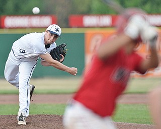 Jeff Lange | The Vindicator  THU, JUL 21, 2016 - Baird starting pitcher Jack Tumulty delivers a pitch to an Ontario batter in the first inning of Thursday's game at Cene Park.