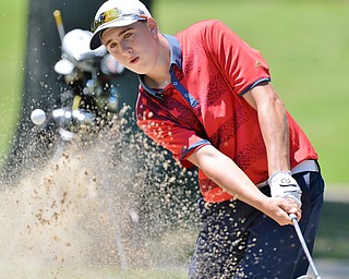 Jeff Lange | The Vindicator  SAT, JULY 23, 2016 - Bryan Kordupel of Boardman blasts out of the bunker on No. 5 during the second round of the Greatest Golfer of the Valley Junior finals held at Avalon Lakes in Vienna Saturday afternoon.