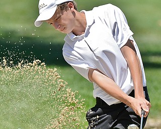 Jeff Lange | The Vindicator  SAT, JULY 23, 2016 - Boardman's Bobby Jonda plays out of the bunker on No. 5 during the second round of the Greatest Golfer of the Valley Junior finals held at Avalon Lakes on Saturday.