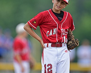  BOARDMAN, OHIO - JULY 24, 2016: Relief pitcher Ryan Petro #12 of Canfield shows his frustration after allowing a two run home run by Maddox Pennington #3 of Hamilton in the fifth inning of Sunday afternoons Little League State Championship Game at the Fields of Dreams. Hamilton won 11-0. DAVID DERMER | THE VINDICATOR