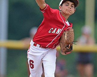BOARDMAN, OHIO - JULY 24, 2016: Short stop Tony Pannunzio #6 of Canfield throws to first for the out in the fifth inning of Sunday afternoons Little League State Championship Game at the Fields of Dreams. Hamilton won 11-0. DAVID DERMER | THE VINDICATOR