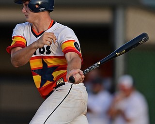 STRUTHERS, OHIO - JULY 24, 2016: Zachary Senchak #5 of Astro singles driving in the game winning run in the seventh inning of their NABF Championship game Sunday night at Cene Park. Astro won 5-4. DAVID DERMER | THE VINDICATOR