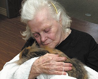 SPECIAL TO THE VINDICATOR
Residents at Greenbriar Healthcare Center in Boardman adopted a 9-month old lionhead rabbit from New Lease on Life, Youngstown. While many facilities host therapeutic pet visits, Tootsie is unique because she lives permanently at the Center, and residents take care of her daily needs. Many residents like Patricia Sauceman, above, cuddle and pet the rabbit. Research has shown that interacting with pets can be beneficial for the elderly, especially those living in nursing homes or assisted care facilities. Some of the benefits associated with pets are lowered blood pressure, lowered stress levels, reduced anxiety or depression and decreased loneliness.