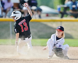 Jeff Lange | The Vindicator  MON, JUL 25, 2016 - Canfield's Luca Ricchiuti (13) slides safely to second as Washington Court House's Kylan Howard catches a throw from the outfield just late in the top of the second inning of Monday's game at Fields of Dreams in Boardman.