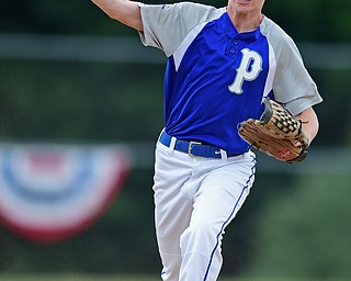 BOARDMAN, OHIO - JULY 26, 2016: Poland second baseman Jake Smith throws to first for the out in the third inning of their game Tuesday afternoon at the Fields of Dreams. Poland would go on to win 10-7.  DAVID DERMER | THE VINDICATOR