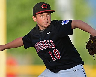 BOARDMAN, OHIO - JULY 26, 2016:  Canfield's starting pitcher Connor Miller(10) pitches in the first inning of the Ohio 10/11 Little League Championship game Tuesday night at the Fields of Dreams. DAVID DERMER | THE VINDICATOR