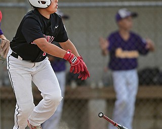 BOARDMAN, OHIO - JULY 26, 2016: Ben Slanker(14) of Canfield leaves home plate in the second inning of the Ohio 10/11 Little League Championship game Tuesday night at the Fields of Dreams. DAVID DERMER | THE VINDICATOR