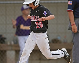 BOARDMAN, OHIO - JULY 26, 2016: Jack Davis(20) of Canfield steps on home plate to score a run after a bases clearing double by Ben Slanker(14) of the Ohio 10/11 Little League Championship game Tuesday night at the Fields of Dreams. DAVID DERMER | THE VINDICATOR