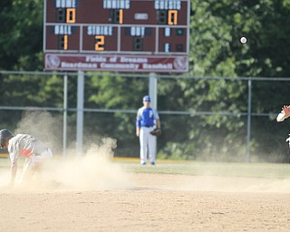 Nikos Frazier | The Vindicator..East Holmes' Brett Miller(3) slides into second as Poland's Stephen Carney(11) attempts to field the ball in the first inning during the Junior Little League State Championship game at the Fields of Dreams in Boardman.