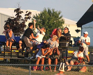 Nikos Frazier | The Vindicator..A foul ball in the fifth inning sails into the risers during the Junior Little League State Championship game at the Fields of Dreams in Boardman.