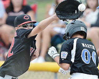 Jeff Lange | The Vindicator  THU, JUL 28, 2016 - Canfield first baseman Jake Schneider (left) catches a throw from the infield to force out Hamilton West Side batter Jackson Martin to end the top of the second inning of their baseball game at Fields of Dreams in Boardman Thursday afternoon.
