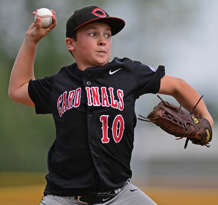 BOARDMAN, OHIO - JULY 29, 2016: Starting pitcher Connor Miller(10) of Canfield pitches in the first inning of Friday evenings Little League game at the Fields of Dreams. Canfield would go on to win, 12-2.  DAVID DERMER | THE VINDICATOR