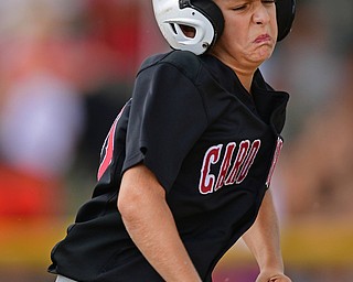 BOARDMAN, OHIO - JULY 29, 2016: Jack Davis(20) of Canfield runs to first base to attempt to reach safely in the second inning of Friday evenings Little League game at the Fields of Dreams. Canfield would go on to win, 12-2.  DAVID DERMER | THE VINDICATOR