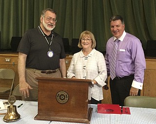 SPECIAL TO THE VINDICATOR
Kevin Freisen, past Struthers Rotary president, hosted Carole S. Weimer, Youngstown State University trustee, at a meeting June 21. Weimer is a retired special education teacher who has taught at many local schools, and now serves as a board member for many local organizations and events. Her term as a YSU trustee ends in 2017. She discussed Jim Tressel’s presidency at YSU, focusing on the community participation he has generated and how he has increased monetary and participatory support for the university. Weimer applauded the interest and improvement of the community by groups such as the rotary. From left, are Drew Hirt, Struthers Rotary president, Weimer and Freisen.