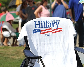 Nikos Frazier | The Vindicator..A chair with a "Hillary for President" shirt sits unoccupied outside of East High School before Democratic Presidential candidate Hillary Clinton spoke on Saturday night.