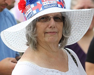 Nikos Frazier | The Vindicator..Carilyn Shay, of Cortland, wears a homemade "Vote for Hillary" hat while waiting in line to enter  East High School prior to Democratic Presidential candidate Hillary Clinton speaking on Saturday night.
