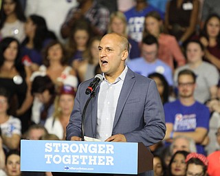 Nikos Frazier | The Vindicator..Schivoni on stage in the East High School gym before Democratic Presidential candidate Hillary Clinton spoke on Saturday night.