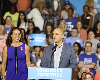 Nikos Frazier | The Vindicator..Schivoni on stage in the East High School gym before Democratic Presidential candidate Hillary Clinton spoke on Saturday night.