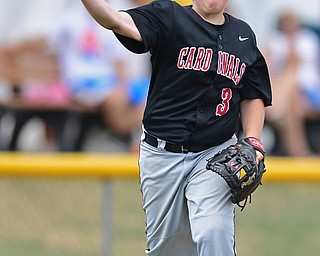 BOARDMAN, OHIO - JULY 30, 2016: Third baseman AJ Havrilla #3 of Canfield throws to first base for the out in the fifth inning of Saturday afternoons Little League game at the Fields of Dreams. Canfield won 7-2. DAVID DERMER | THE VINDICATOR