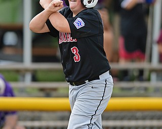 BOARDMAN, OHIO - JULY 30, 2016: AJ Havrillay #3 of Canfield celebrates while running the bases after hitting a three run home run in the fifth inning of Saturday afternoons Little League game at the Fields of Dreams. Canfield won 7-2. DAVID DERMER | THE VINDICATOR