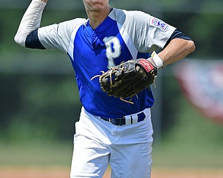 BOARDMAN, OHIO - JULY 30, 2016: Second baseman Jake Bacon #8 of Poland throws to first for the out in the seventh inning of the Little League Junior Division Championship game, Saturday afternoon at the Fields of Dreams. Poland won 8-4. DAVID DERMER | THE VINDICATOR