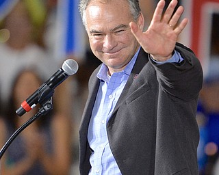 Jeff Lange | The Vindicator  SAT, JUL 30, 2016 - Vice Presidential nominee Senator Tim Kaine waves to the crowd during Saturday's rally.
