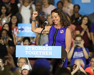 Nikos Frazier | The Vindicator..Michele hogan in the East High School gym before Democratic Presidential candidate Hillary Clinton spoke on Saturday night.
