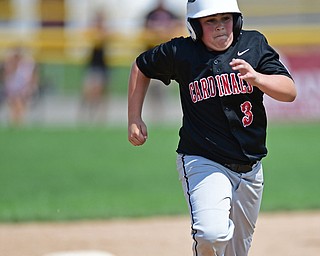 Game 2BOARDMAN, OHIO - JULY 31, 2016: AJ Havrillay #3 of Canfield advances to third base on a single by Broc Lowry #27 in the third inning of Game 2 of Sunday afternoon Little League Championship DoubleHeader. Canfield won 7-6 in 7 innings. DAVID DERMER | THE VINDICATOR