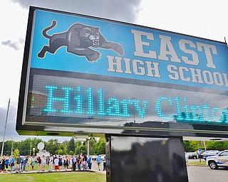 Jeff Lange | The Vindicator  SAT, JUL 30, 2016 - The East High School sign lit up to welcome Democratic presidential candidate Hillary Clinton Saturday afternoon in Youngstown.