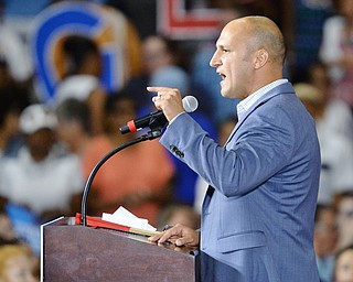 Jeff Lange | The Vindicator  SAT, JUL 31, 2016 - State Senator Joe Schiavoni speaks to a crowd of Hillary supporters during a campaign rally at East High School, Saturday night.