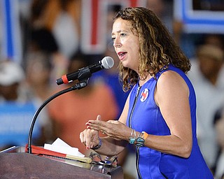 Jeff Lange | The Vindicator  SAT, JUL 31, 2016 - State Rep. Michelle Lepore-Hagan speaks to a crowd of Hillary supporters during a rally at East High School, Saturday night.