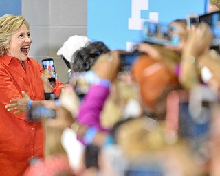 Jeff Lange | The Vindicator  SAT, JUL 31, 2016 - Democratic presidential nominee Hillary Clinton is greeted by supporters upon arrival to the East High School gymnasium for her campaign stop, late Saturday night.