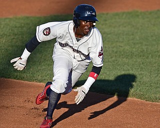 NILES, OHIO - AUGUST 1, 2016: Gabriel Mejia #1 of the Scrappers advances to third on a single by Andrew Calica, he would later score, in the first inning of Monday nights game at Eastwood Field. DAVID DERMER | THE VINDICATOR