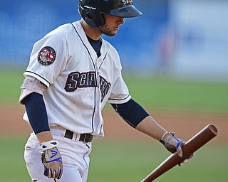 NILES, OHIO - AUGUST 1, 2016: Batter Andrew Calica walks back to the dugout after striking out in the third inning of Monday nights game at Eastwood Field. DAVID DERMER | THE VINDICATOR
