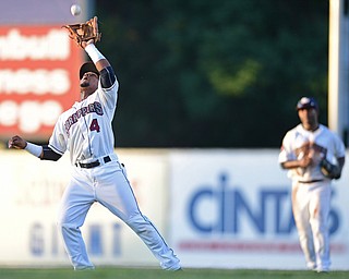 NILES, OHIO - AUGUST 1, 2016: Second baseman Erlin Cerda #4 of the Scrappers catches the ball for the out in the fourth inning of Monday nights game at Eastwood Field. DAVID DERMER | THE VINDICATOR