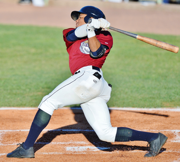 Jeff Lange | The Vindicator  TUE, AUG 2, 2016 - Scrappers' Todd Isaacs follows through after connecting with a pitch in the first inning of Tuesday's game against Williamsport at Eastwood Field.