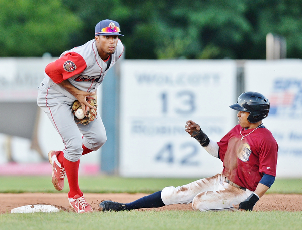 Jeff Lange | The Vindicator  TUE, AUG 2, 2016 - Scrappers' Todd Isaacs (right) slides safely into second as Luis Espiritu of Williamsport drops the ball in the bottom of the third inning of Tuesday's game at Eastwood Field.