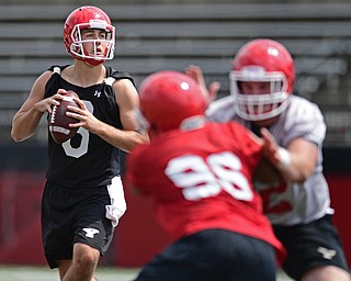 YOUNGSTOWN, OHIO - AUGUST 5, 2016: Quarterback Hunter Wells #6 of YSU drops back to pass during a 11 on 11 session of practice Friday afternoon at Stambaugh Stadium. DAVID DERMER | THE VINDICATOR