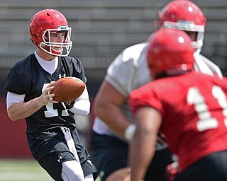 YOUNGSTOWN, OHIO - AUGUST 5, 2016: Quarterback Trent Hosick #11 of YSU drops back to pass while catching the snap during a 11 on 11 session of practice Friday afternoon at Stambaugh Stadium. DAVID DERMER | THE VINDICATOR