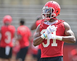 YOUNGSTOWN, OHIO - AUGUST 5, 2016: Defensive back David Rivers adjusts his gloves before the snap of the football during a 11 on 11 session of practice Friday afternoon at Stambaugh Stadium. DAVID DERMER | THE VINDICATOR